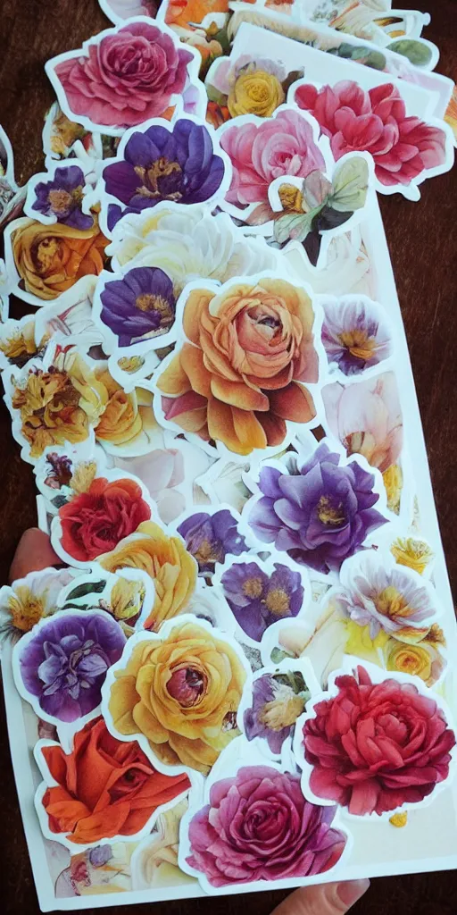 Image similar to beautiful flowers, by tran nguyen, warm colors, cozy, etsy stickers, white border, sticker sheet