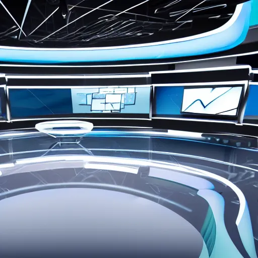 Image similar to futuristic news studio, concept art, wide lens, cinematic composition, iterior, detail