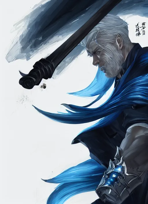 Image similar to a highly detailed illustration of furious short slick back white haired man wearing dark blue coat, bright blue eyes, heroic dramatic wielding katana pose, intricate, elegant, highly detailed, centered, digital painting, artstation, concept art, smooth, sharp focus, league of legends concept art, wlop