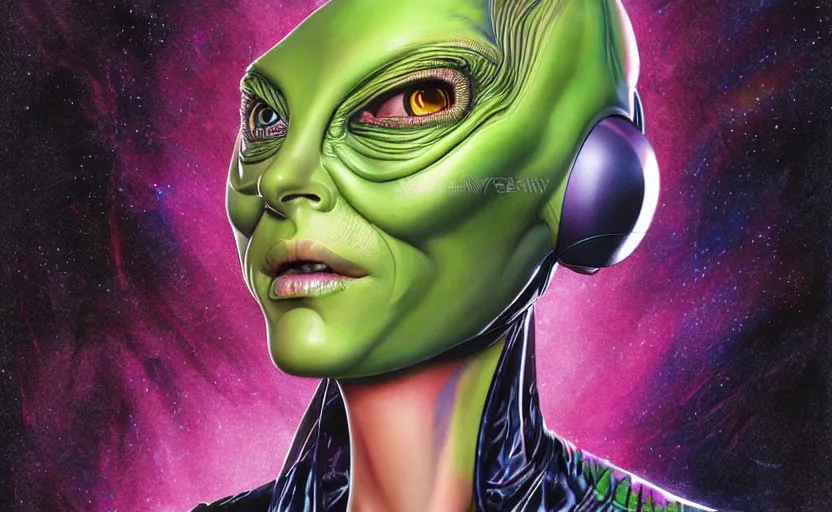 Prompt: An airbrushed mixed media ultra-detailed hyperrealistic full-color fineliner illustration of a female alien detective, comic book art, rotoscoped, combining the styles of Travis Charest, Adam Hughes, Alex Ross and Bill Sienkiewicz, sci-fi, masterpiece, vray render.