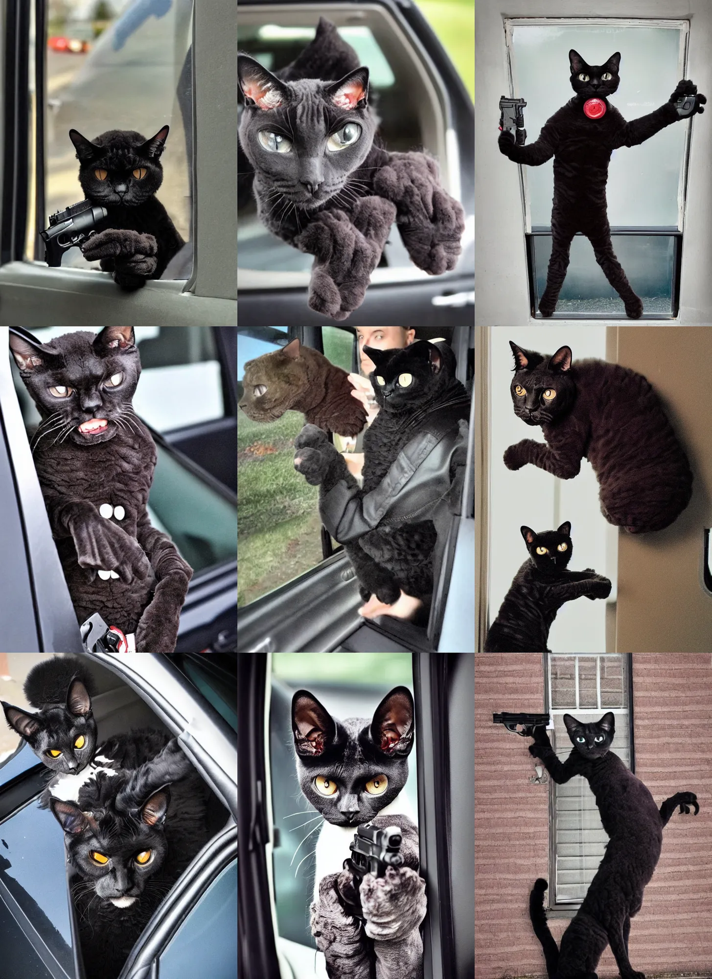 Prompt: high quality photograph of a black furred devon rex cat holding a glock and wearing 9 0 s hip - hop clothes threatening you at the window of your car, you fear for your life as the cat with a glock is about to shoot you as it screams frantic meows at you