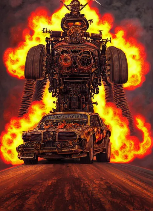 Image similar to portrait of a punk man driving a burning man car, background is on fire, mad max style, warhammer 40000, cyberpunk, intricate, highly detailed, digital painting, artstation, concept art, smooth, sharp focus, illustration, art by Amano and Karol_Bak and artgerm and greg rutkowski and alphonse mucha and Gustav Klimt and Kojima