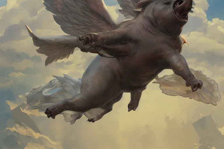 Image similar to a flying pig with angelic wings, flying over Paris, highly detailed, digital painting, artstation, concept art, smooth, sharp focus, illustration, wallpaper, art by artgerm and greg rutkowski and alphonse mucha and jin xiaodi and anthony devine