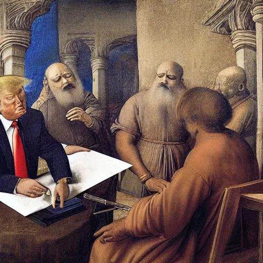 Image similar to a beautiful painting of donald trump being one of the consultants in an indian scam center, by leonardo da vinci, ultra - detailed, 8 k