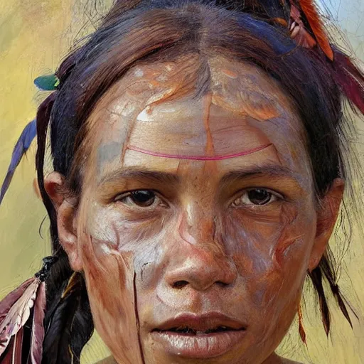 Image similar to high quality high detail painting by jenny saville, hd, a skinny beautiful indigenous woman tribe leader, hair in wind, many pretty feathers, photorealistic lighting