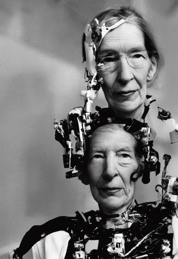 Prompt: photograph of Grace Hopper with cybernetic implants