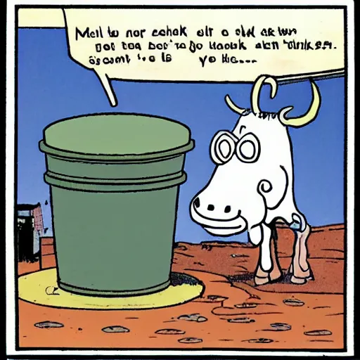 Prompt: a cow points at a bucket, far side comic by gary larson