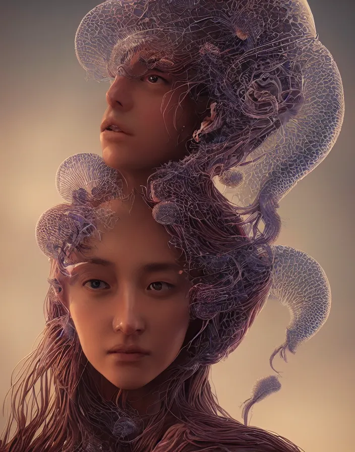 Image similar to goddess portrait. jellyfish phoenix head. intricate artwork by Tooth Wu and wlop and beeple. octane render, trending on artstation, greg rutkowski very coherent symmetrical artwork. cinematic, hyper realism, high detail, octane render, 8k