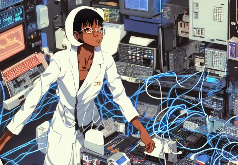 Image similar to dark skin woman wearing a white lab coat with a blue haircut, body connected to wires and surrounded by 1 9 8 0 s computers, painted by yoshitoshi abe and makoto shinkai, in the style of serial experiments lain and gainax evangelion 1 9 9 5, dynamic lighting, dark ambience, cell - shaded, detailed face, retro tech