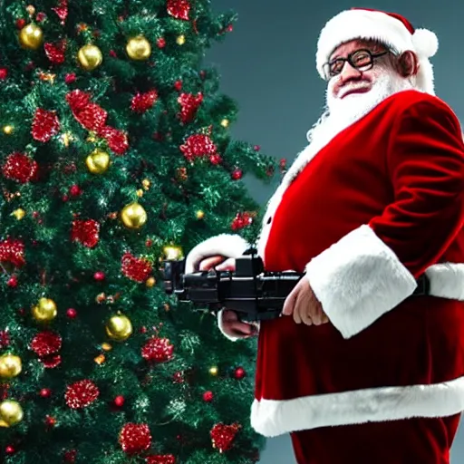 Image similar to cinematic shot of Danny Devito dressed as santa claus holding a LMG, 8k, very intricate, very detailed,