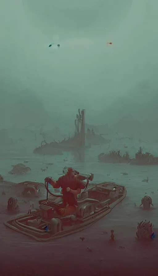 Prompt: man on boat crossing a body of water in hell with creatures in the water, sea of souls, by simon stalenhag