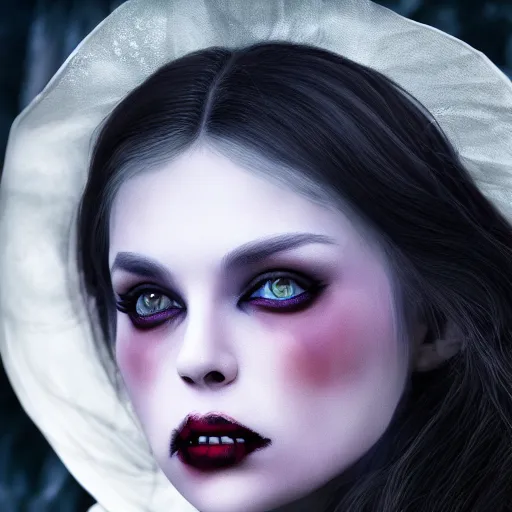 Image similar to vampiress in wonderland mcgee's alice lavender mysterious portrait sharp focus cinematic 8 k highly detailed realistic gothic