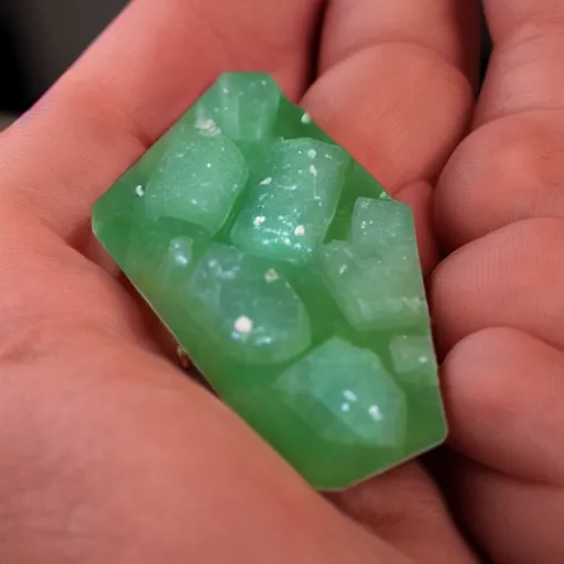 Prompt: picture of green jade cut in half showing crystals with stars in night sky 4k