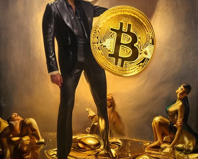 Prompt: attractive oiled up glossy man posing in front of a huge golden bitcoin, angelic light, commercial by annie liebovitz, tom finland gaston bussiere, j. c. leyendecker