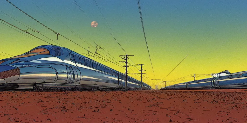 Prompt: weird west futuristic bullet train into the sunset, desaturated delicate illustration by moebius jean giraud