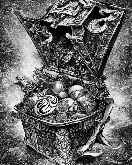 Image similar to a treasure chest, black and white, fantasy art, object art, in the style of masami kurumada, illustration, epic, fantasy, intricate, hyper detailed, artstation, concept art, smooth, sharp focus, ray tracing