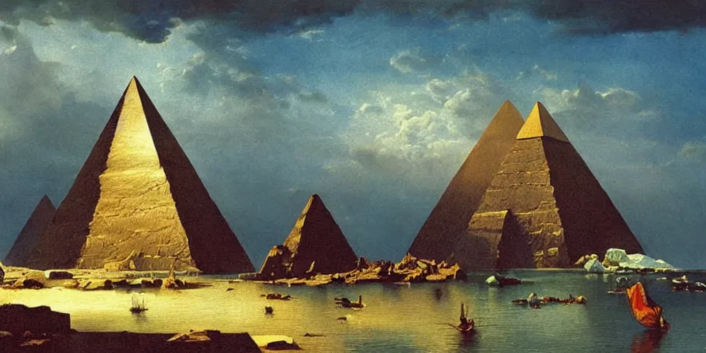 Image similar to Antarctica, pyramids, oil painting, highly detailed, artwork, in style of Albert bierstadt