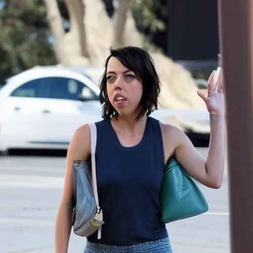 Image similar to aubrey plaza standing in a plaza