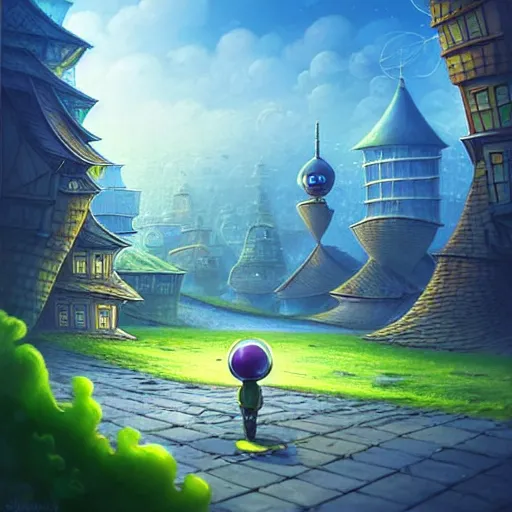 Image similar to gediminas pranckevicius an adventurous boy ( facing the camera ) and his small robot friend, futuristic city backgrond, eleborate composition with foreground and background, depth of field, fantasy illustration by kyoto studio, don bluth!!!, square enix, cinematic lighting