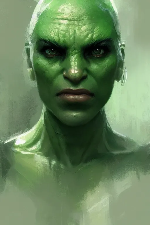 Image similar to green orc female, light green tone beautiful face, by greg rutkowski, by jeremy mann, digital painting