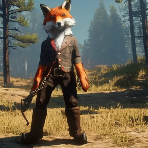 Image similar to video game screenshot of an anthropomorphic fox wearing western sheriff outfit as a character in red dead redemption 2