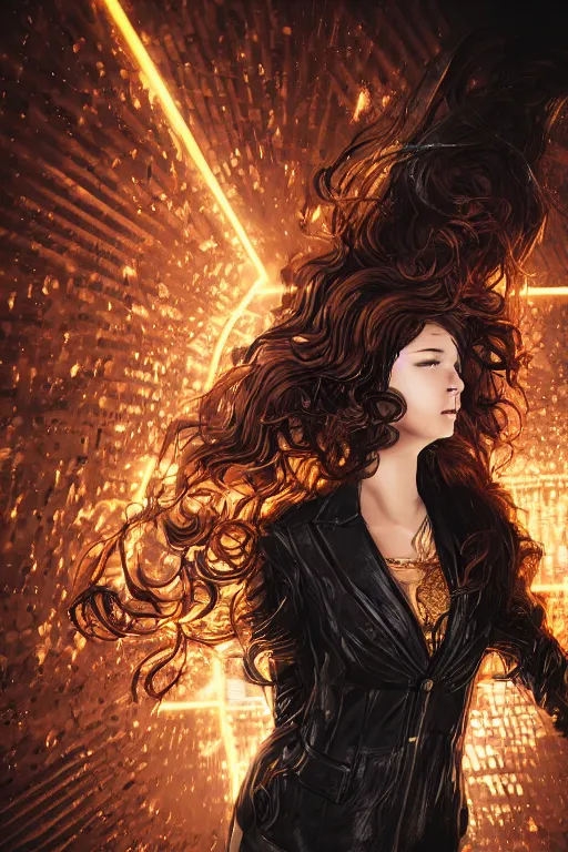 Prompt: A curly-haired girl in brown hair rushes into a black leather suit against the background of golden sparks, Anime, cyberpunk, gothic, dark fantasy, art, 4k,