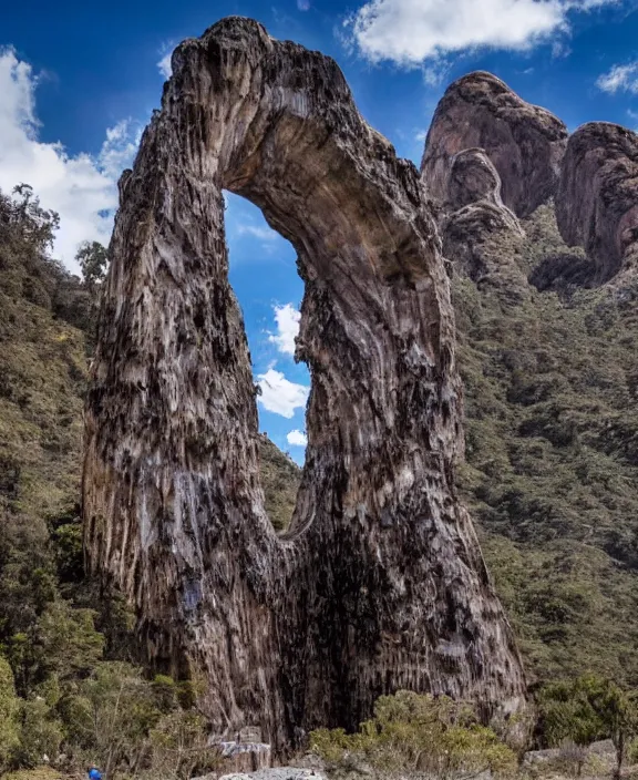 Prompt: photo of a giant sculpture made of liquid chrome in the cordillera de los andes, with beautiful great arches and detail, architecture carved for a titan