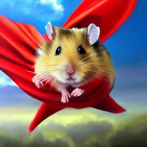 Image similar to a hyper realistic oil painting of a hamster dressed as a superhero and flying through the sky