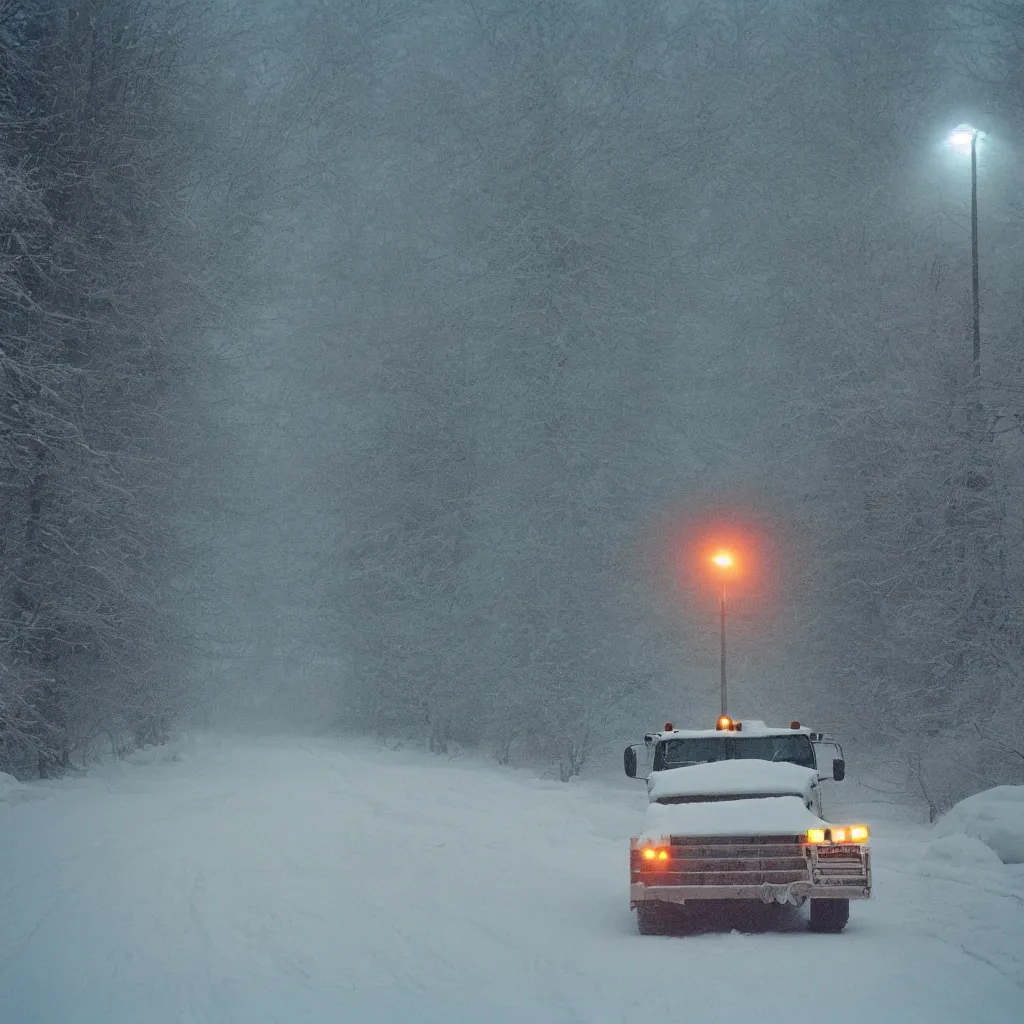 Image similar to photo, big snow plow truck is in the distance with a bright headlighta. cold color temperature, snow storm. hazy atmosphere. humidity haze. kodak ektachrome, greenish expired film, award winning, low contrast,