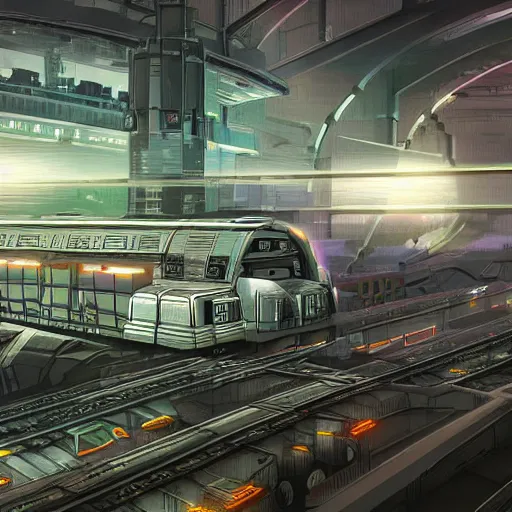 Image similar to Immense industrial futuristic cargo train arrives at cyber punk city station, cinematic lighting, concept art