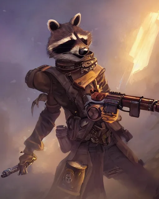 Prompt: Raccoon Steampunk Sniper, Anthropomorphized, magic the gathering artwork, D&D, fantasy, cinematic lighting, centered, symmetrical, highly detailed, digital painting, artstation, concept art, smooth, sharp focus, illustration, volumetric lighting, epic Composition, 8k, art by Akihiko Yoshida and Greg Rutkowski and Craig Mullins, heroic pose, oil painting, cgsociety, Golden Steampunk city atmosphere