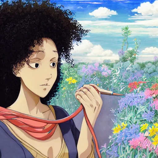 Image similar to a somali woman with curly hair, painting on a canvas, anime style, studio ghibli, contemplative, beautiful, surreal, detailed, dreamy