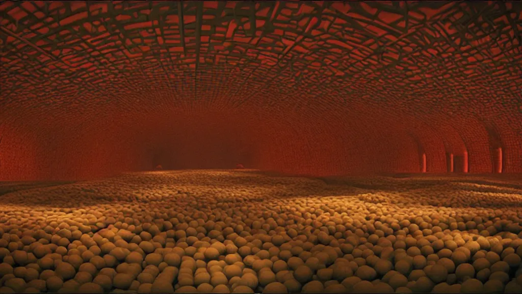 Image similar to inside of a room at Willy Wonka’s chocolate factory, film still from the movie directed by Denis Villeneuve with art direction by Zdzisław Beksiński, wide lens