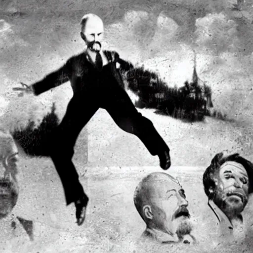 Image similar to realistic photo lenin backflips applauds