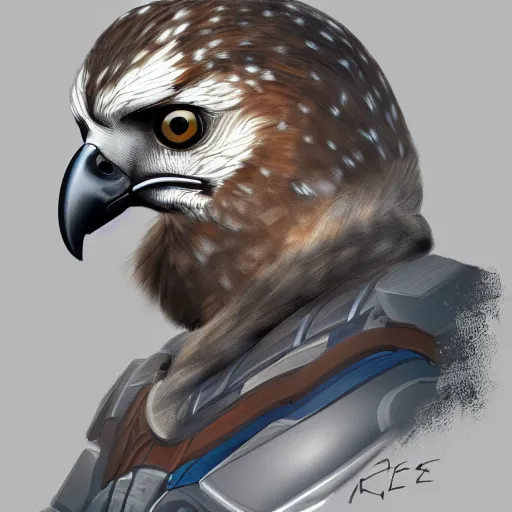 Image similar to profile picture of a falcon in sci-fi clothing looking smug, quarter view, close up, digital drawing, trending on artstation