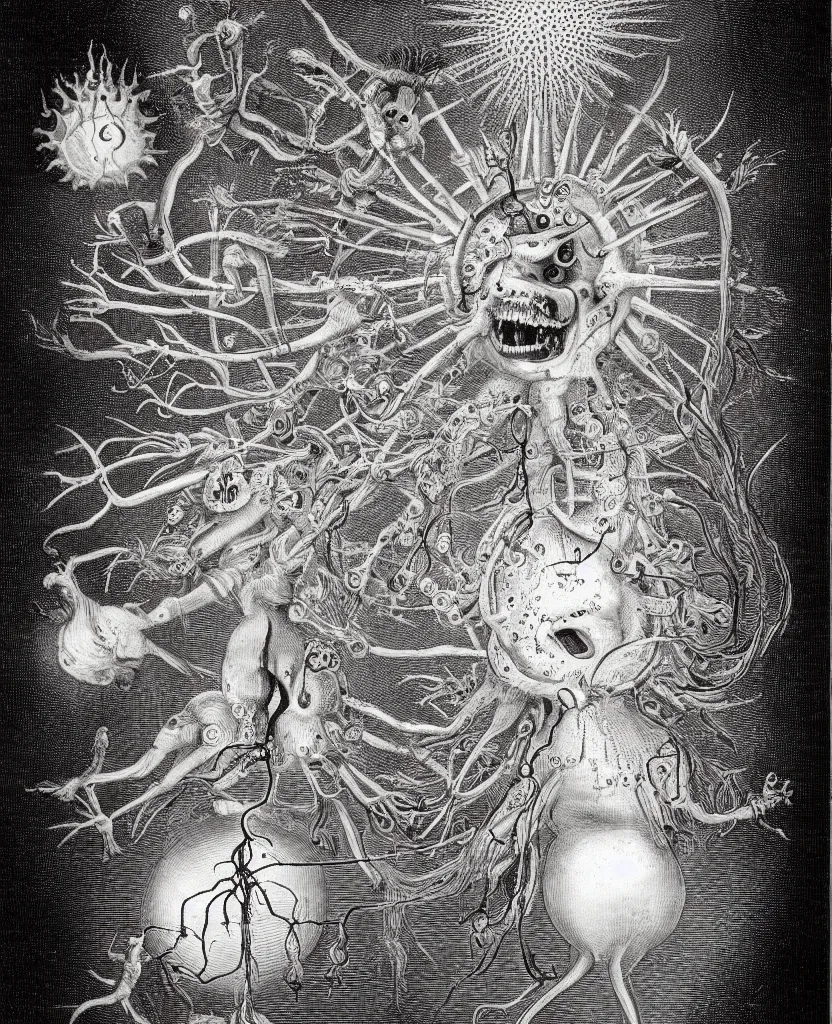 Image similar to whimsical freaky creature sings a unique canto about'as above so below'being ignited by the spirit of haeckel and robert fludd, breakthrough is iminent, glory be to the magic within