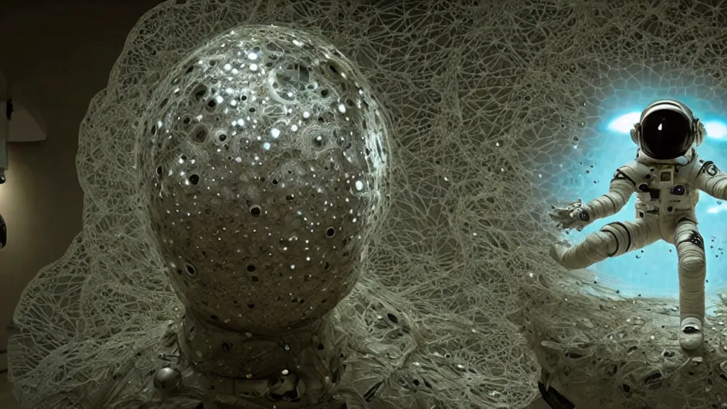 Image similar to a astronaut eva suit covered in diamond 3d fractal lace iridescent bubble 3d skin and covered with insectoid compound eye camera lenses floats through the living room, film still from the movie directed by Denis Villeneuve with art direction by Salvador Dalí, wide lens,