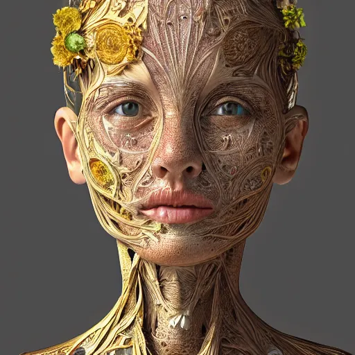 Prompt: beatifull face portrait of a woman, 150 mm, anatomical, flesh, flowers, mandelbrot fractal, facial muscles, veins, arteries, intricate, golden ratio, full frame, microscopic, elegant, highly detailed, ornate, ornament, sculpture, elegant , luxury, beautifully lit, ray trace, unreal, 3d, PBR, in the style of peter Gric , alex grey and Romero Ressendi