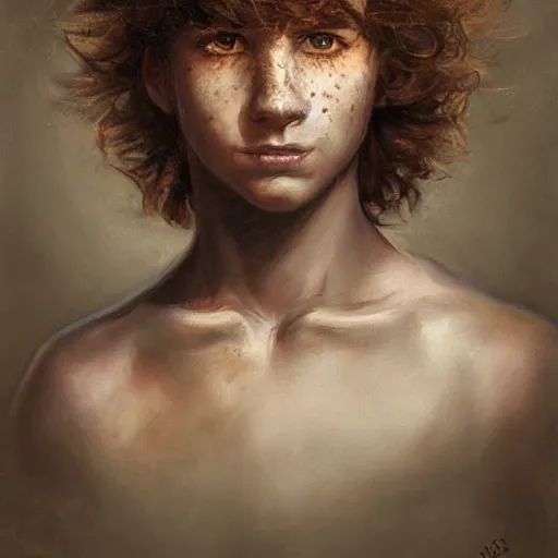 Prompt: a painting of an androgynous teenager, with curly brown hair, a short nose, freckles, and a sad smile, by aleksi briclot