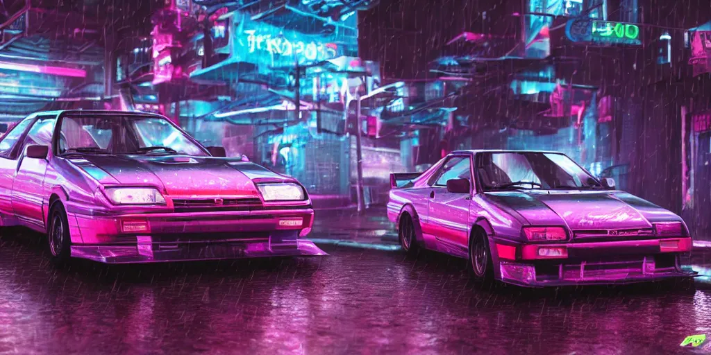 Image similar to toyota ae 8 4 sprinter trueno parked in a cyber punk alley, retrowave, synth colors, photo realistic, 8 k, rain, raytracing, reflections, neon colors,