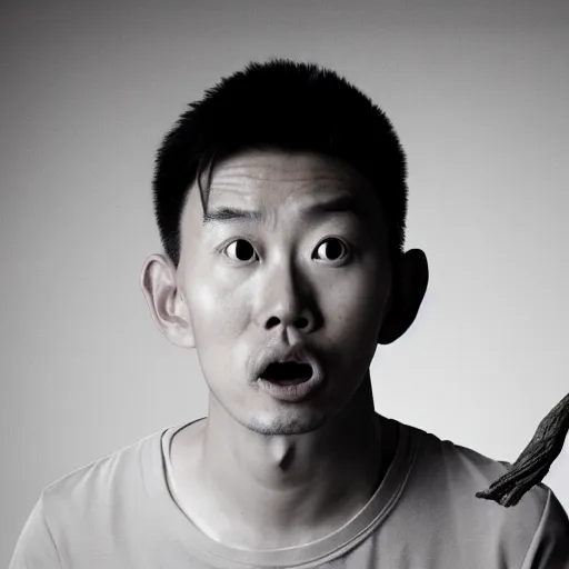 Image similar to an award winning cinematic still of surprised Justin Sun with extremely long wooden nose with leaf, 16k hyper realistic photograph, close-up professional portrait, centered, dramatic lighting