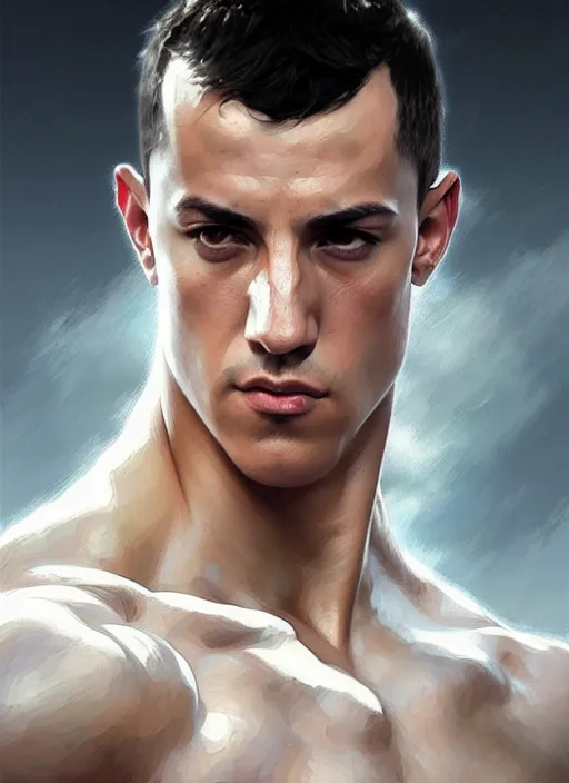 Image similar to portrait of aggressive lucas vazquez, d & d, muscular! white, fantasy, intricate, elegant, highly detailed, digital painting, artstation, concept art, smooth, sharp focus, illustration, art by artgerm and greg rutkowski and alphonse mucha