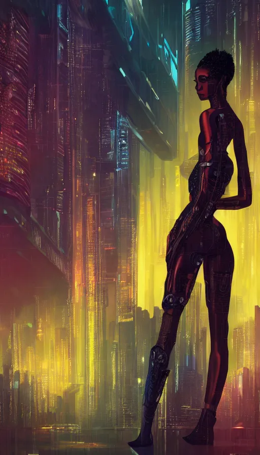 Prompt: a beautiful young Black woman, cyberpunk, Blade Runner city background, highly detailed, 8K, artstation, illustration, art by Gustav Klimt