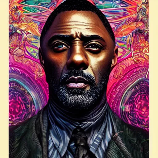 Image similar to portrait of idris elba, hyper detailed masterpiece, neon floral pattern, jean giraud, digital art painting, darkwave goth aesthetic, psychedelic, artgerm, donato giancola and tom bagshaw