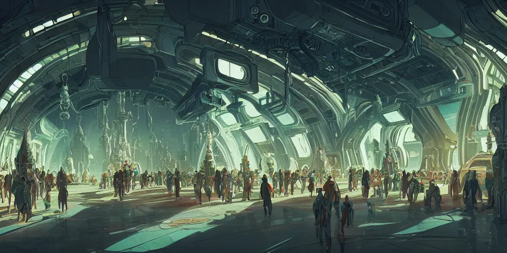 Prompt: cel shaded cinematic shot of the interior of a sci-fi space station with ornate Elven architecture bustling with people, cars, epic castle, emerald, crystalline, detailed illustration, sharp focus, concept art