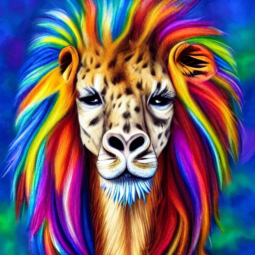 Prompt: portrait of a cute fluffy giraffe with long colorful flowing lion mane with mohawk hairstyle hybrid animal detailed painting 4 k