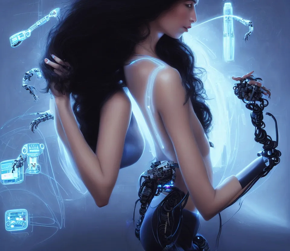 Image similar to beauty young spanish woman with long black hair with futuristic robotic arms, interacting withholograms of alien artifacts, electrical case display, Total Recall tech, ultrarealistic, dramatic lighting, electrical details, high details, 4k, 8k, best, accurate, trending on artstation, artstation, photorealism, ultrarealistic, digital painting, style of Peter Mohrbacher, Caravaggio, Hajime Sorayama and Boris Vallejo