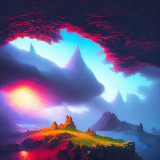 Prompt: fantasy aerial iceland landscape is seen inside the human eye!!!!!, volumetric lighting, colorful, sharp and focus, ultra detailed, beautifully lit landscape, astrophotography, in the art style of dan mumford, ivan aivazovsky and marc simonetti