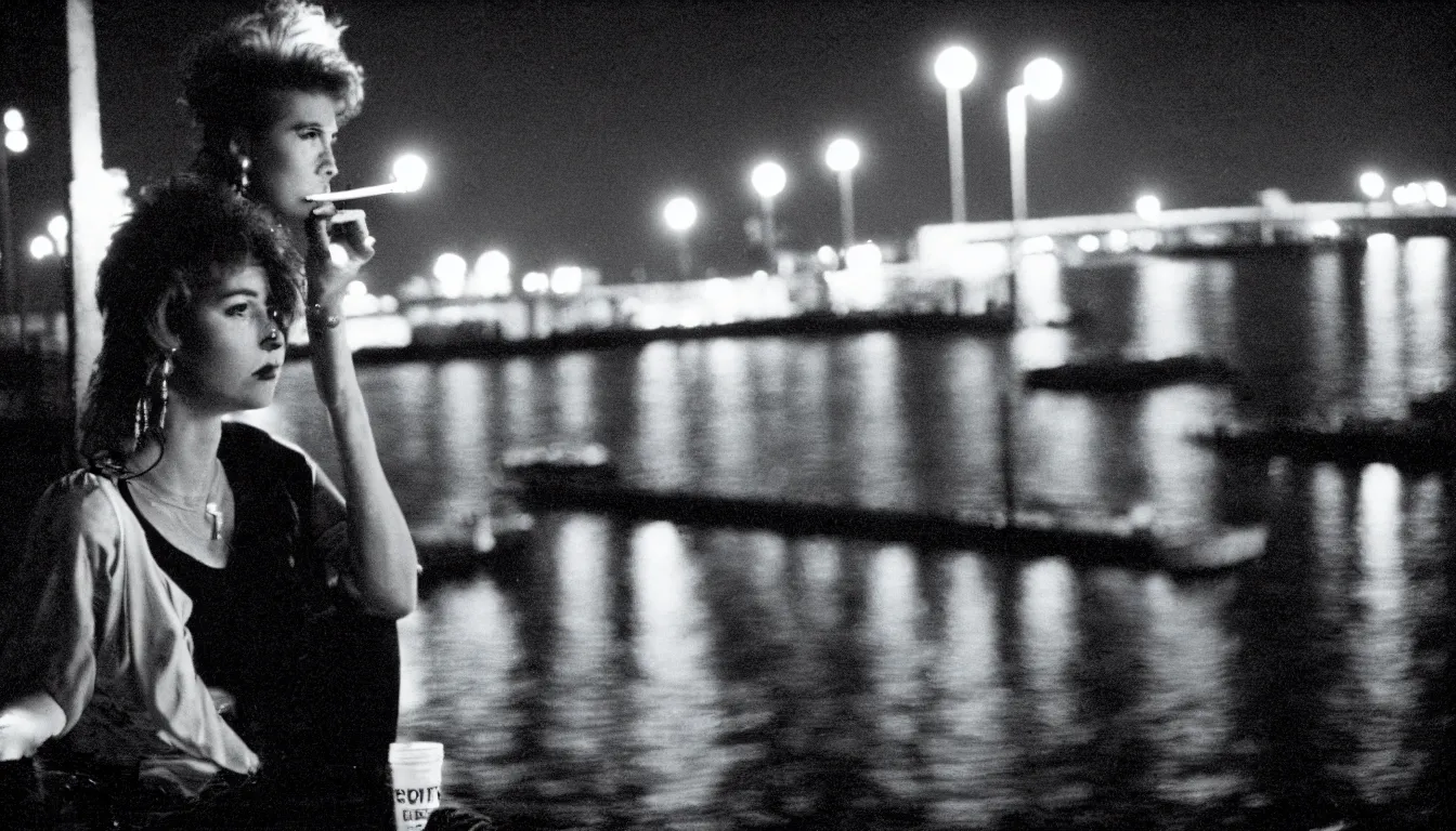 Prompt: 80s neon movie still with a woman by the river, smoking a cigarette, at night with city lights behind her back. movie still. hyperrealistic, high definition, medium format photography, highly detailed, tehnicolor, anamorphic 50mm lens