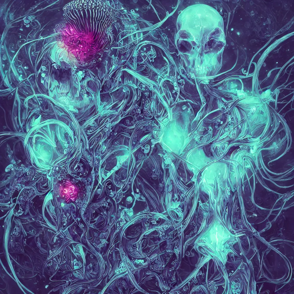 Image similar to close-up portrait goddess horned skull, x-ray, backbone, jellyfish phoenix head, nautilus, orchid, betta fish, bioluminiscent creatures, dark deep complex air bubbles in background, intricate artwork by Tooth Wu and wlop and beeple. octane render, trending on artstation, greg rutkowski very coherent symmetrical artwork. cinematic, high contrast, hyper realism, high detail, octane render, 8k